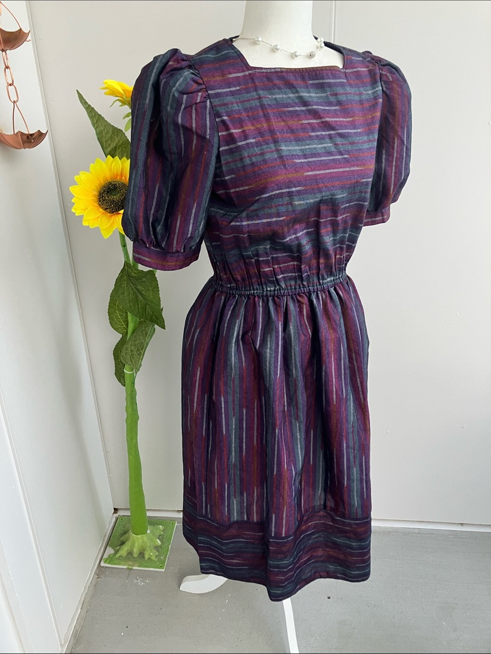 Vintage 70s 80s Dark Moody Pinstriped Puff Sleeve Midi Secretary Dress